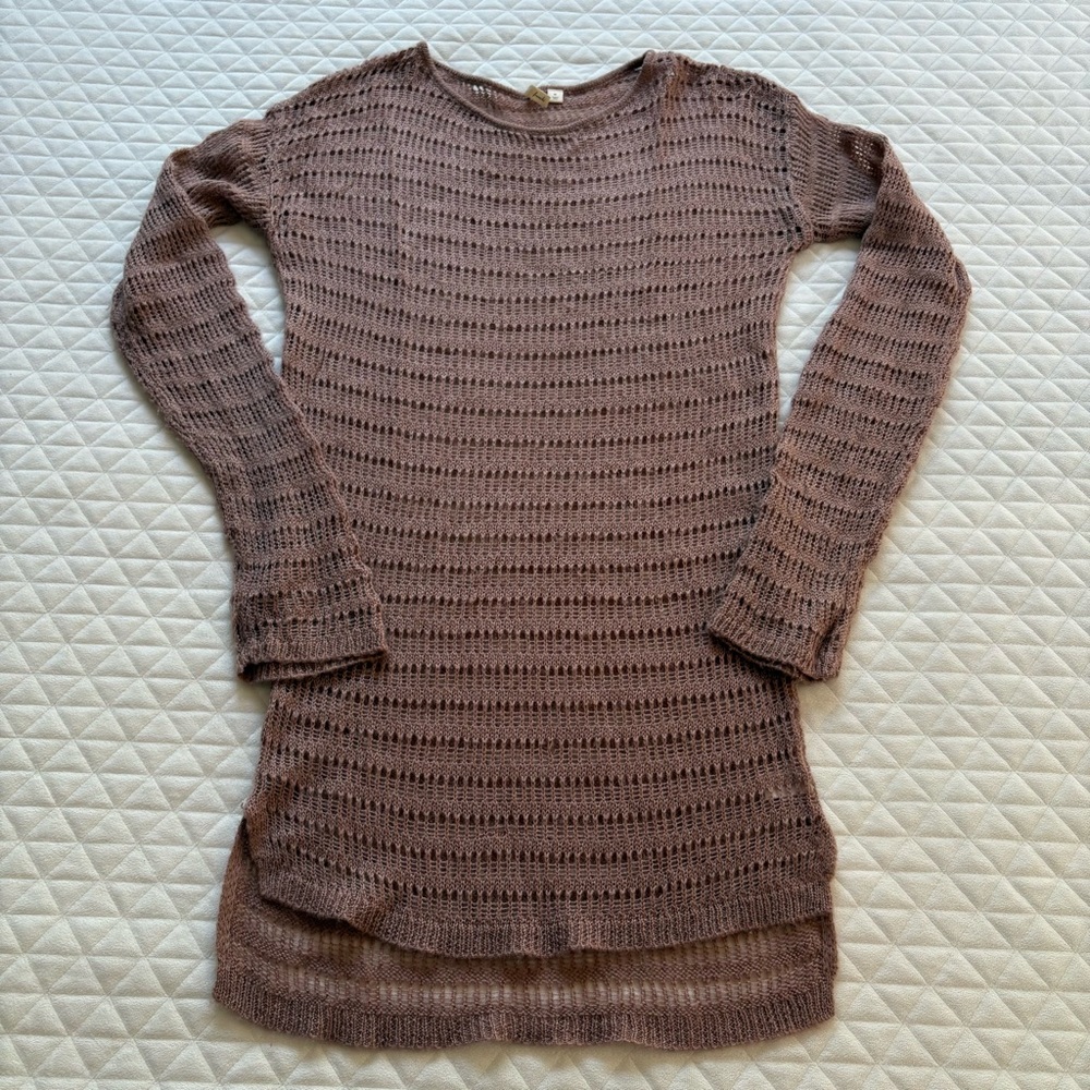 Frenchi Women’s Knitted Crochet Sweater Brown Size M Tunic Top Extra Long Sleeve
